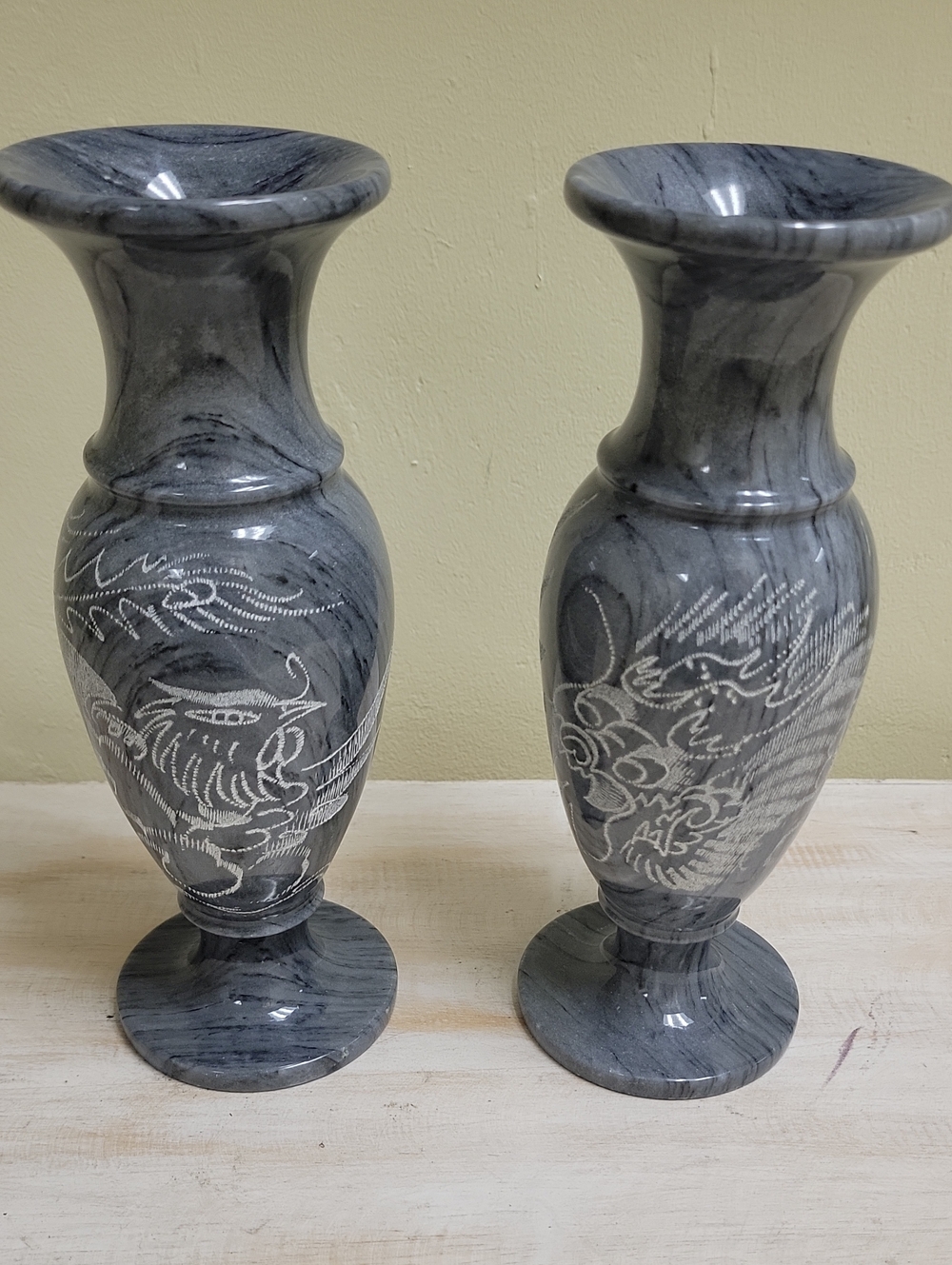 Hand-Carved Gray Marble Dragon Vase - Decorative Home Accent